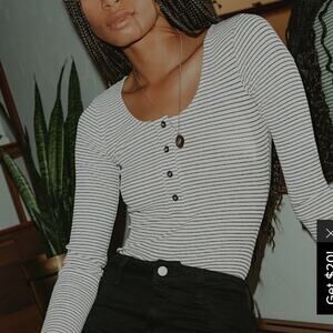 Lulu's  Classic White Striped Ribbed Long Sleeve Bodysuit  size Small